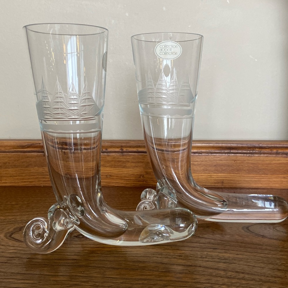 Abbott Collection Nautical Themed Horn Drinking Glass Pair Sailboat Ship pirate